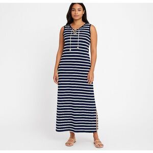 Womens Summer Boho Maxi Dress Tribal femme Size XS Navy Stripe Gold Tie Tassel